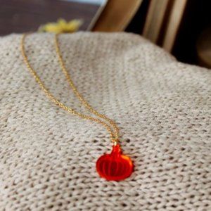 Tiny Orange Pumpkin Necklace - Orange Acrylic Pendant with 18 inch Gold Chain